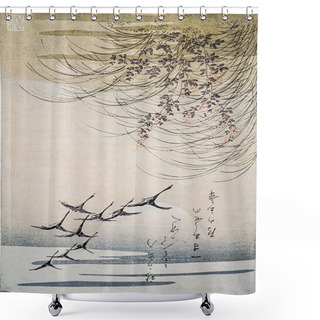 Personality  Swans Fly From A Pond. Traditional Japanese Engraving Ukiyo-e Shower Curtains