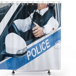 Personality  Partial View Of Male Police Officer In Bulletproof Vest Holding Walkie-talkie In Car  Shower Curtains