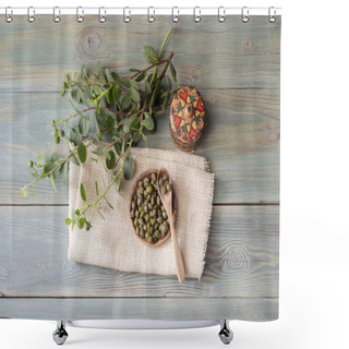 Personality  Capers On A Wooden Plate  Shower Curtains