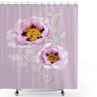 Personality  Decorative Decoration, Paisley Element, Delicate Textured Silver Leaves Made Of Fine Lace And Pearls. Jeweled Shiny Curls, Thread From Beads, Bud Pastel Pink Rose. Openwork Weaving Delicate, Butterfly. Shower Curtains