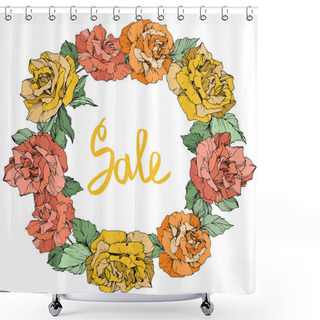 Personality  Vector. Rose Flowers Floral Wreath. Coral, Yellow And Orange Roses Engraved Ink Art. Sale Handwritten Monogram Calligraphy. Shower Curtains