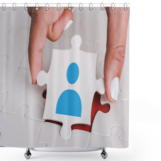 Personality  Close Up Of Woman Holding White Jigsaw With Blue Human Icon Near Connected Puzzle Pieces Shower Curtains