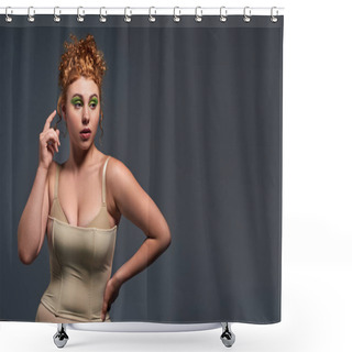 Personality  Thoughtful Redhead Plus Size Woman In Beige Lingerie With Hand On Hip Looking Away On Dark Grey Shower Curtains