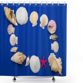 Personality  Hello Summer Pattern Background. Frame Of White Seashells, Red Starfish Isolated On Blue Backdrop. Top View Travel Or Vacation Concept. Flat Lay Shower Curtains