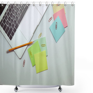 Personality  Top View Of Laptop, Paper Stickers, Pencil And Paper Clips On White Tabletop Shower Curtains