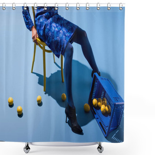 Personality  Cropped View Of African American Woman Sitting On Chair On Blue Background  Shower Curtains