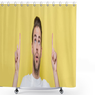 Personality  Surprised Man Pointing With Fingers While Looking Up Isolated On Yellow, Banner Shower Curtains
