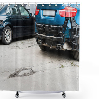 Personality  Crashed Blue Car After Car Accident Near Modern Automobile  Shower Curtains