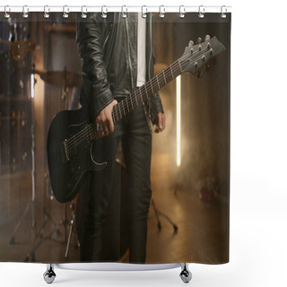 Personality  Rock Band Guitarist Holding Music Instrument. Closeup Male Hand Carrying Guitar Over Smoky Stage Background Shower Curtains