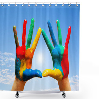 Personality  Painted Hands, Colorful Fun. Blue Sky Shower Curtains