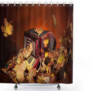 Personality  Vintage Accordion Among The Autumn Leaves Shower Curtains