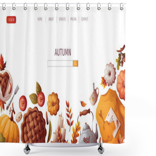 Personality  Pumpkins, Apple Pie, Candles, Kettle, Autumn Leaves, Warm Sweater. Autumn, Harvest, Thanksgiving Day, Fall Concept. Vector Illustration. Website Banner Template. Shower Curtains
