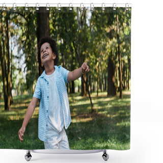 Personality  Happy African American Boy Looking Up In Park  Shower Curtains