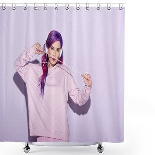 Personality  Beautiful Young Woman In Pink Clothes Listening Music With Wired Headphones Shower Curtains