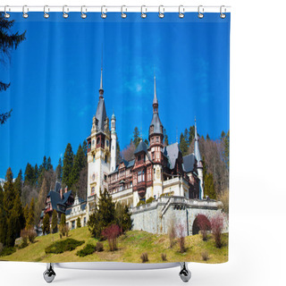 Personality  Spring View Of Peles Castle With Snowy Bucegi Mountains In The Background. Shower Curtains