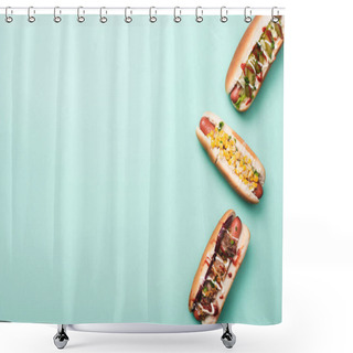 Personality  Top View Of Three Hot Dogs On Blue Shower Curtains