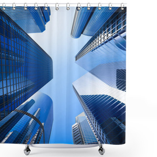 Personality  Blue Highrise Glass Skyscraper Street Low Angle Shot Shower Curtains