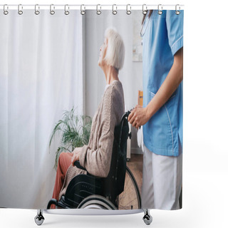 Personality  Geriatric Nurse Moving Aged Woman In Wheelchair  Shower Curtains