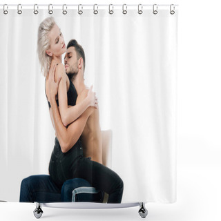 Personality  Beautiful Passionate Couple Sitting On Chair And Embracing Isolated On White Shower Curtains