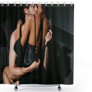 Personality  Young Multiracial Sexy Couple In Black Clothing On Sofa Shower Curtains