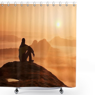 Personality  Spring Landscape. Hiker In Black On The Rocky Peak. Wonderful Daybreak In Mountains, Heavy Orange Mist In Deep Valley. Man Sit On The Rock And Watch Over The Fog To Miracle Of Nature Shower Curtains