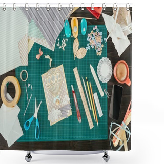 Personality  Top View Of Designer Working Place With Scrapbooking Postcard Template Shower Curtains