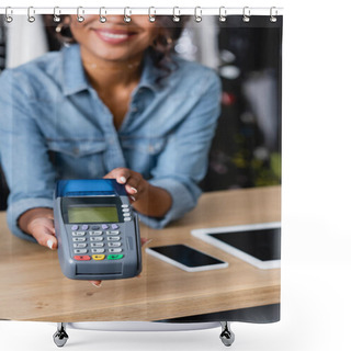 Personality  Cropped View Of Happy African American Woman Holding Payment Terminal Near Gadgets On Sales Counter Desk Shower Curtains