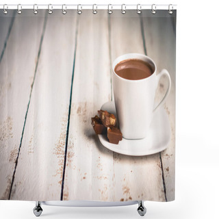 Personality  Cup Of Hot Chocolate On Wooden Background Shower Curtains