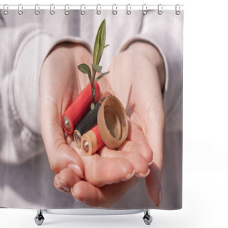 Personality  Cropped View Of Woman Holding Batteries, Plastic Bottle Cap And Green Plant In Hands  Shower Curtains