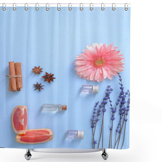 Personality  Bottles With Essential Oils On Color Background Shower Curtains
