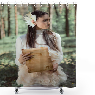 Personality  Elegant Woman In White Swan Costume With Scroll Standing On Forest Background, Looking Away Shower Curtains