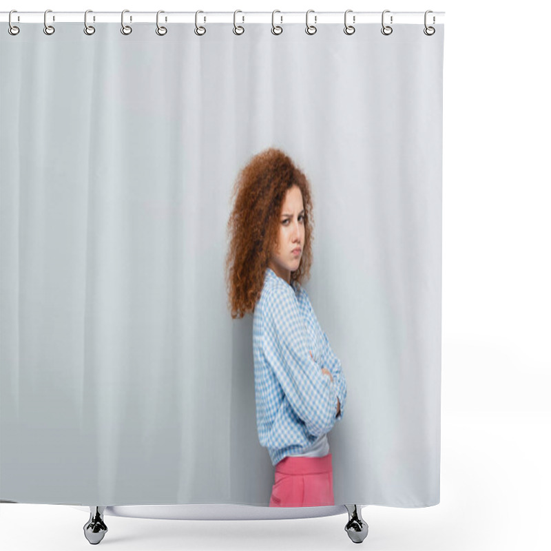 Personality  Offended Woman Puffing Cheeks While Standing With Crossed Arms On Grey Background Shower Curtains