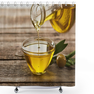 Personality  Pouring Oil From Bottle Into Glass Bowl, Olive Tree Leaves And Olive On Wooden Surface Shower Curtains