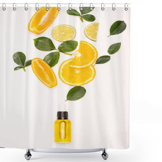 Personality  Bottle Of Citrus Essence Near Orange Slices And Rose Leaves On White Surface Shower Curtains