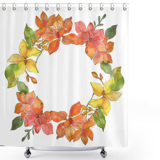 Personality  Red And Yellow Tropical Floral Botanical Flowers. Wild Spring Leaf Wildflower Isolated. Watercolor Background Illustration Set. Watercolour Drawing Fashion Aquarelle. Frame Border Ornament Square. Shower Curtains