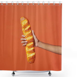Personality  Cropped View Of Person Holding Freshly Baked Baguette On Orange Background, Crunchy French Bakery Shower Curtains