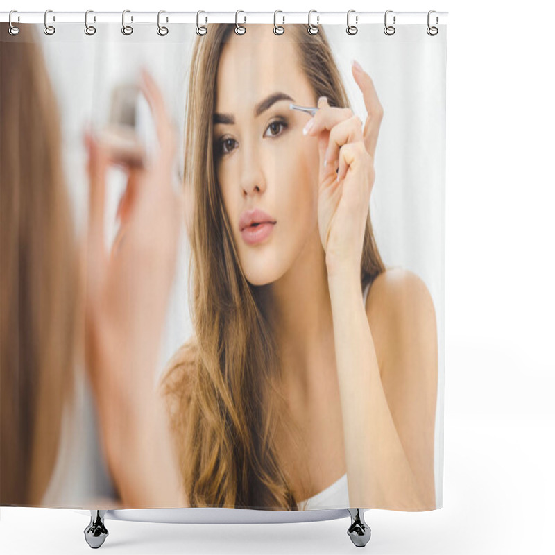 Personality  Young Woman Plucking Eyebrows With Tweezers Shower Curtains