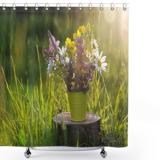 Personality  Bouquet Of Wild Flowers Of Different Colors In The Vase Outdoors Shower Curtains