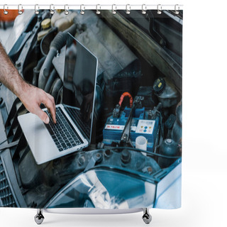 Personality  Cropped View Of Car Mechanic Using Laptop With Blank Screen Near Car  Shower Curtains