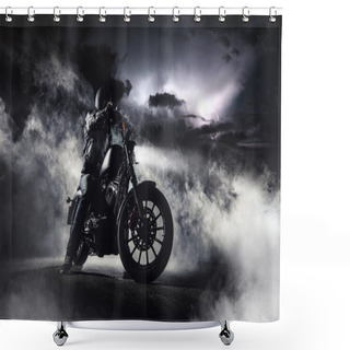 Personality  Detail Of High Power Motorcycle Chopper With Man Rider At Night. Fog With Backlights And Dramatic Sky On Background. Shower Curtains