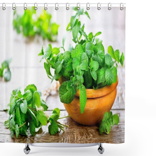 Personality  Bunch Of Fresh Green Mint Leaves On Wooden Table Shower Curtains