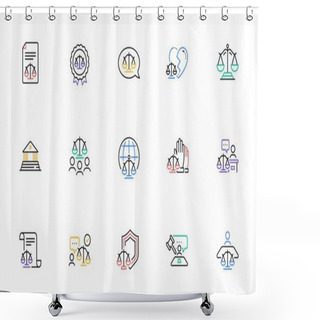 Personality  Court Line Icons Set. Lawyer, Scales Of Justice And Judge. Hammer, Law And Petition Document Set Icons. Judgment, Justice, Court Injunction. Gavel Judge Hammer, Rulings, Presiding Officer. Vector Shower Curtains