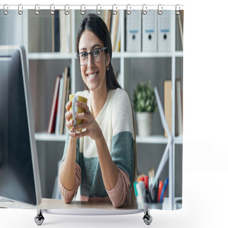 Personality  Shot Of Smiling Young Business Woman Working With Computer While Smiling Looking At Camera In Modern Startup Office. Shower Curtains