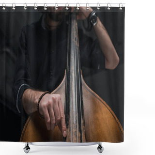 Personality  Cropped Shot Of Man Playing Double Bass On Black Shower Curtains