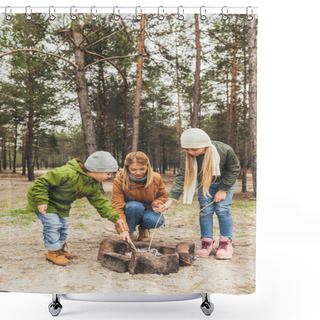Personality  Mother And Kids Making Bonfire Shower Curtains