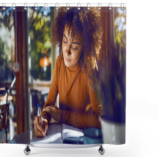 Personality  Portrait Of Cute Mixed Race Student With Curly Hair And In Turtleneck Sitting In Cafe And Studying For Exams. Shower Curtains