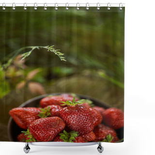Personality  Selective Focus Of Fresh Red Strawberries In Bowl On Grass Shower Curtains