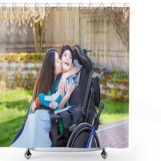 Personality  Sister Kissing And Hugging Disabled Little Brother In Wheelchair Shower Curtains