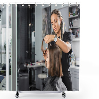 Personality  Beauty Profession, Hairdo, Hairdresser With Braids Brushing Short Brunette Hair Of Woman, Haircut, Professional, Beauty Salon Work, Haircut, Hairdressing Cape, Salon Beauty Tools  Shower Curtains