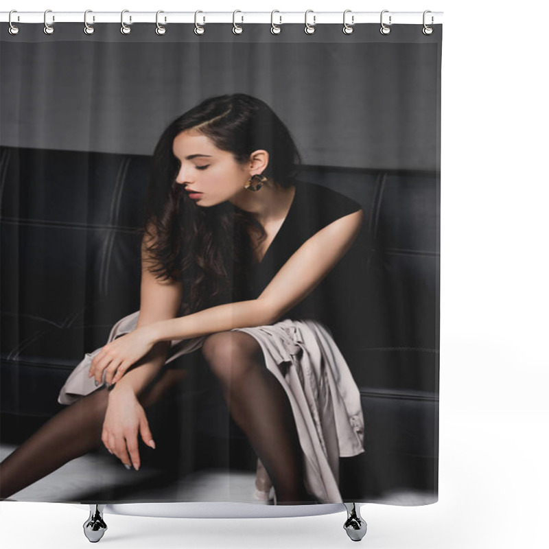 Personality  Brunette Woman In Black Dress Sitting On Couch On Grey Background Shower Curtains
